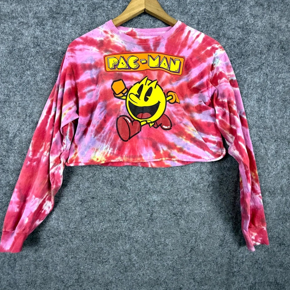 Pac-Man Cropped Top Women Medium Pink Tie Dye Print Cotton Crew Neck Long Sleeve